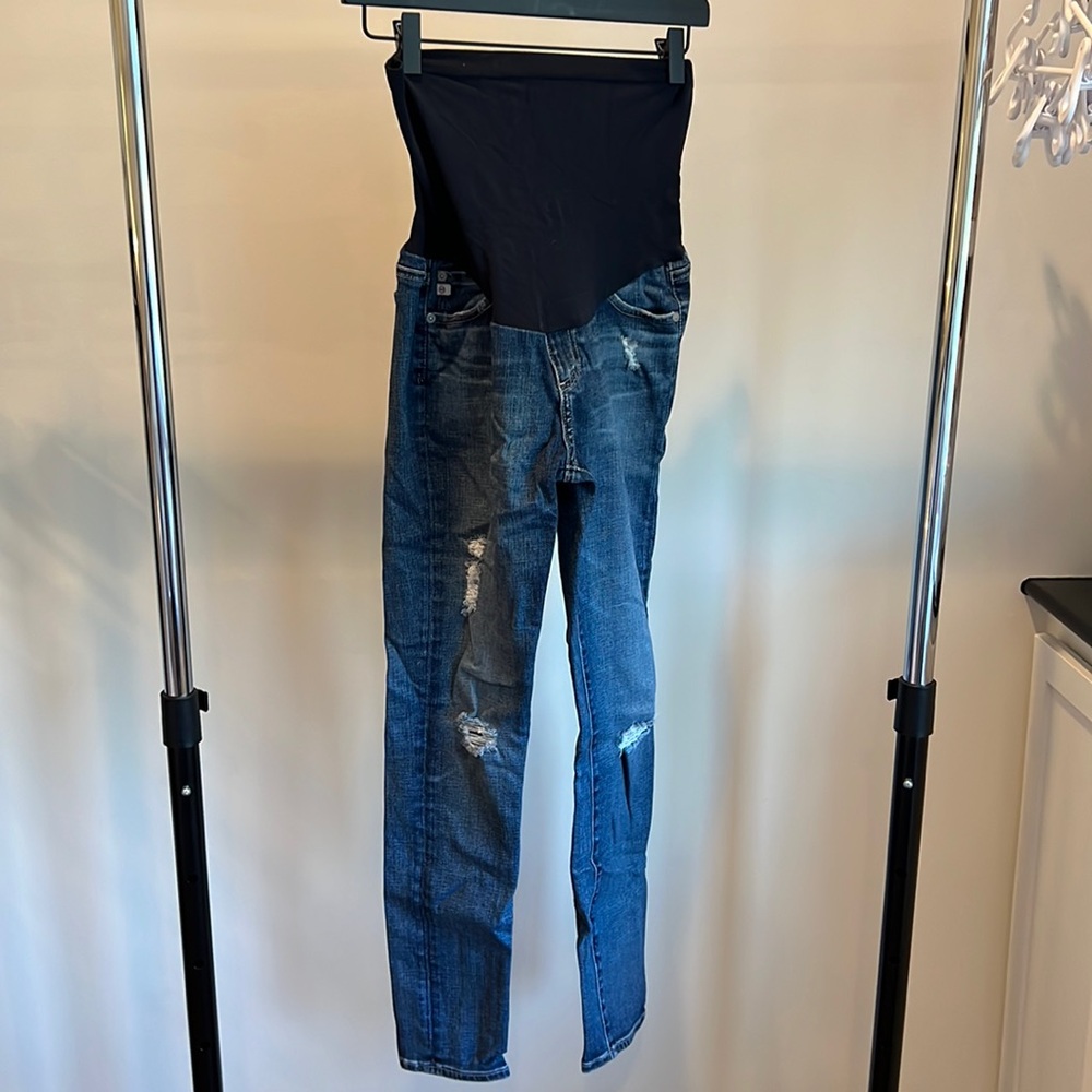 AG maternity medium wash skinny distressed jeans with tummy panel 28R